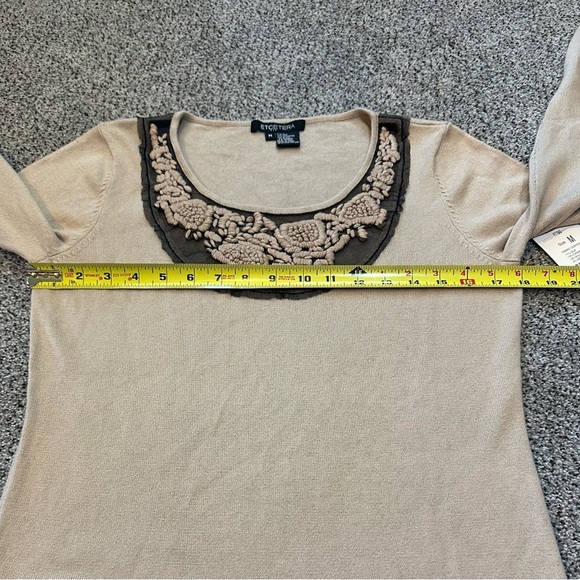 Etcetera M Silk Cashmere Tan Sweater Sheer Black Embroidered Detail R $275 - Picture 11 of 12